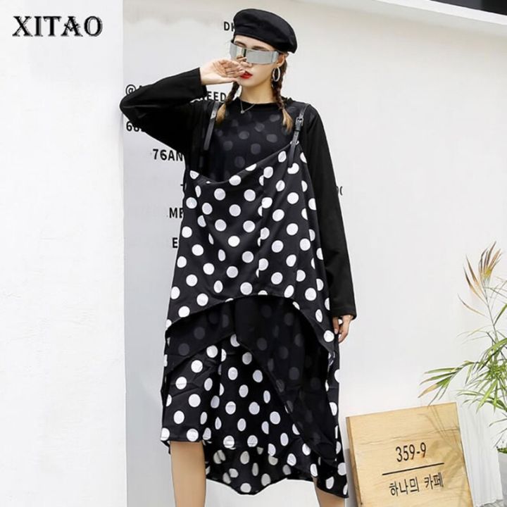 xitao-dress-long-sleeve-false-pieces-polka-dot-dress