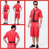 ◕♈¤ Japanese and Korean stars of the same style mens red casual jumpsuit singer host stage performance clothing wholesale