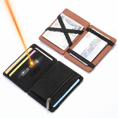 New Mini Men Wallets Name Engraved Card Holder Male Wallet High Quality PU Leather Zipper Coin Pocket Small Magic Man Purses