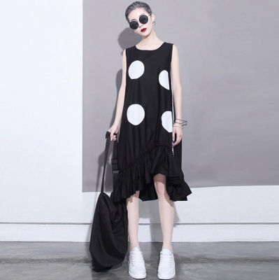 New Summer Woman Black Sleeveless Sun Dress Large Dots Patches Ruffle Hem Straight Sundress Girls Cute Midi Tank Dress Robe 1193