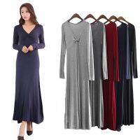 ◙✲☇ 【40 65kg】Maxi Dresses/A Line Dress/T-Shirt Dress/5 Colours/Free Size/Sexy V-Neck Female Dress/Large Size Long-Sleeved Base Dress/Long Skirt