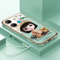 เคส Tecno Spark Go 2023 Tecno Pop 7 Pro เคสฟรีสายคล้อง + สาวน่ารักการ์ตูนลายขอบสี่เหลี่ยมชุบเคสโทรศัพท์เคสโทรศัพท์นิ่มสุดหรู