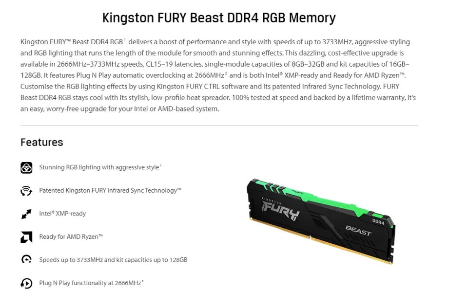 Kingston Fury Beast RGB DDR4 64GB Kit Ram 3600MHZ 3200MHZ 2666