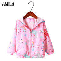 AMILA เด็กผู้หญิงเสื้อใหม่เต็มพิมพ์การ์ตูนยูนิคอร์นคลุมด้วยผ้าสาวเสื้อกันลมเสื้อ