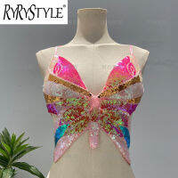 RYRYSTYLE เสื้อสายเดี่ยวปักเลื่อมแบบอุตสาหกรรมหนักสไตล์เรโทรสีสดใสสายลายผีเสื้อ &amp; สายเดี่ยวสำหรับผู้หญิง