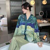 QSROCIO ใหม่ผู้หญิงชุดนอนเข้าชุด Luxury ภาพวาดสไตล์พิมพ์ชุดนอนผ้าไหมซาติน Touch Homewear V คอชุดราตรีลำลองชุด