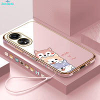 [ฟรีสายคล้อง] สำหรับ OPPO A78เซลล์4G เคสโทรศัพท์น่ารักสุนัขลายขอบสี่เหลี่ยมเคสโทรศัพท์ชุบหรูหราชุบเคสโทรศัพท์นิ่ม