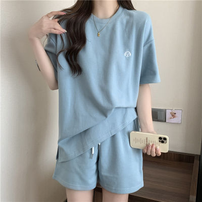 [Spot] embroidery suit womens summer sports leisure style covered short-sleeved T-shirt A- line wide leg shorts two-piece set 2023