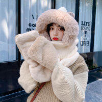 Cute Student Hat Scarf Gloves Three-piece Women Korean Fashion Winter Bib One-piece Adult One-piece Cap Set