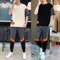 【Hot Sale】 mens T-shirt casual short set pure short-sleeved feet trousers two-piece sportswear suit