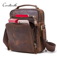 CONTACTS Crazy Horse Leather Mens Shoulder Bag Vintage Messenger Bags Men Bolsos Male Crossbody Bags Mans Handbag Sling Bag