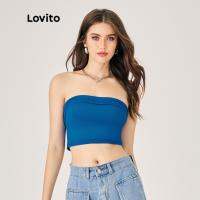 ✉№ Lovito เสื้อสายเดี่ยว เอวลอย สายสปาเก็ตตี้ พับได้ สีพื้น สไตล์ลำลอง สำหรับผู้หญิง L47ED007 (สีน้ำเงิน/สีดำ)