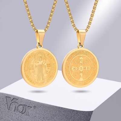 【CW】✷◊  Vnox Men Benedict Medal Necklace Gold Color Sacramental Catholic Jewelry Giftwith Chain