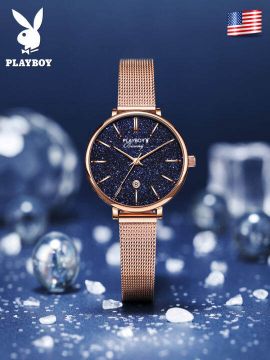 playboy-เซ็ตนาฬิกาสำหรับผู้หญิงซื้อ1แถม2ฟรีสร้อยคอกำไล2023ขายร้อน-classic-star-กันน้ำวันที่แสดง-milanese-สายรัดเหล็ก-หนัง