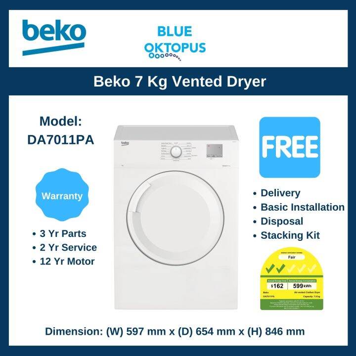 Beko 7Kg Vented Dryer (DA7011PA) + Free Stacking Kit Lazada Singapore