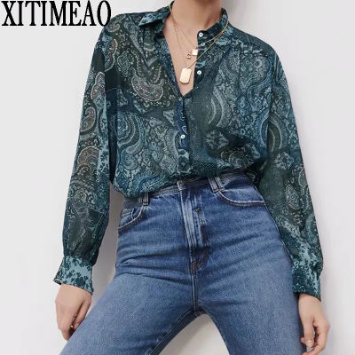 Xitimeao New Spring Autumn Women Retro Printing Simple Style Loose Long Sleeve Chiffon Shirt Casual Chic Tops