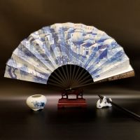 Chinese Retro Style Mens Big Folding Fan Carved Bamboo Rib Orchid /Five Ox / Horse Painted Double Faced Fabric Fan