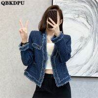 ZZOOI Vintage Coarse Tweed Tassel Raw Edge Denim Coat Designer Womens Spring Fall Elegant Jackets Korean Streetwear Short Outwear Top