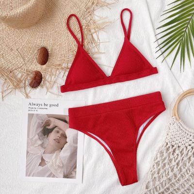 【cw】 Womens 2 Piece Set Ribbed Striped Color Swimsuit Waist Push Up Padded Bathing