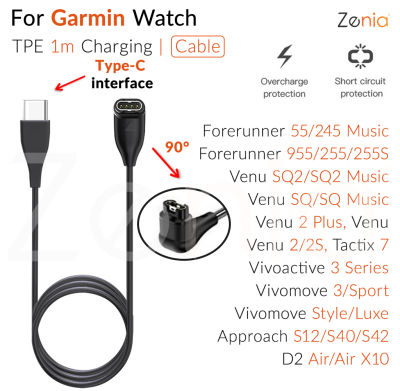 Zenia สมาร์ทนาฬิกาชาร์จอะแดปเตอร์ USB-C Type C สายชาร์จสำหรับ Garmin Forerunner 55 245 255 255S 955 945 935 Music Venu SQ SQ2 Plus Vivoactive 3 Element Vivomove Sport Style Luxe Approach S12 S40 S42 S62 S60 D2 Air X10 Tactix Charlie Delta 7 อุปกรณ์เสริม