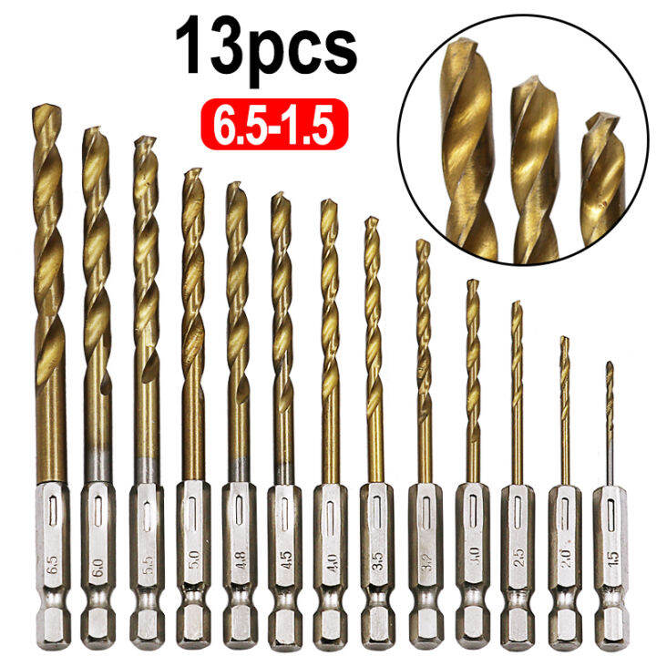 hh-ddpj13pcs-lot-hss-high-speed-steel-titanium-coated-drill-bit-set-1-4-hex-shank-1-5-6-5mm