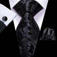 Hi-Tie Black Floral Silk Wedding Tie For Men Handky Cufflink Gift Necktie For Men Fashion Design Business Party Dropshiping Ties