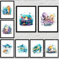 Luyameishop Coastal Themed Wall Art-บทคัดย่อ Ocean Animals Canvas Prints-เต่า,แมงกะพรุน,ปลาหมึก,ปลาหมึก-เหมาะสำหรับตกแต่งบ้านชายหาด