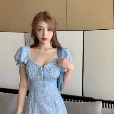 Spot parcel post2022 Popular Skirt French Style Small Internet Red Heart Machine off-Shoulder Square Collar A- line Dress Waist-Tight Floral Dress for Women