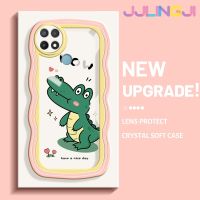 Jjlingji เคสสำหรับ OPPO A15 A35 A15s 4G เคสลายการ์ตูนไดโนเสาร์น่ารักดีไซน์ใหม่ครีมขอบคลื่นโปร่งใสลายกล้องถ่ายรูปเคสมือถือกันกระแทกแบบใสนุ่มฝาครอบป้องกันง่าย