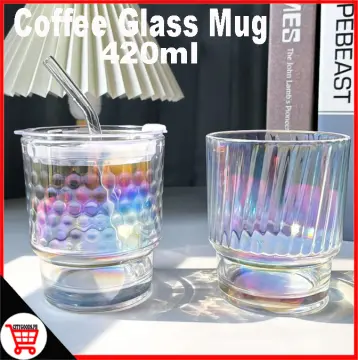 375Ml Simple Stripe Glass Cup With Lid and Straw Transparent