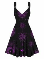 Celestial Moon Star Print A Line Dress Sleeveless O Ring Strap V Neck High Waist Robe