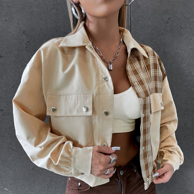 Streetwear Khaki Brown Plaid Jacket Women Button Up Long Sleeve Bomber Jacket Short Coat Outerwear Autumn 2021 Bombers Femme