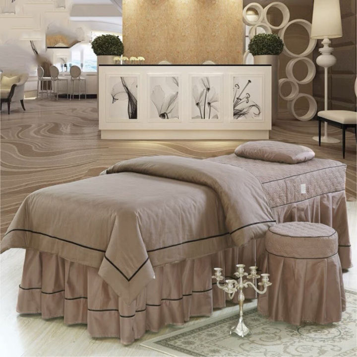 ผ้าปูเตียงสปา-luxury-bedsheet-คลุมเตียงนวดหน้า-ผ้าปูเตียงคลีนิก-ผ้าปูเตียงสัก-สีน้ำตาล