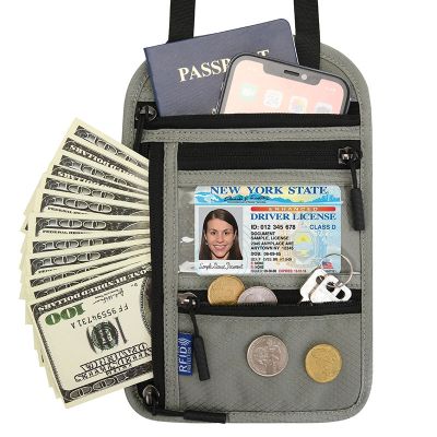 กระเป๋าที่จัดเก็บเอกสารสำหรับการเดินทางกันน้ำสำหรับผู้หญิงผู้ชาย RFID ไนลอนคอบัตรพาสสปอร์ตกระเป๋าสตางค์นิรภัยแบบซ่อนแบบบางกระเป๋าเงิน