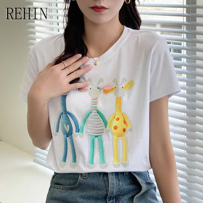 REHIN เสื้อยืดคอกลมแขนลำลองขาสั้นทรงหลวมประดับเพชรสำหรับผู้หญิง,เสื้อยืดแฟชั่นสำหรับสไตล์เกาหลีแบบใหม่ฤดูร้อน