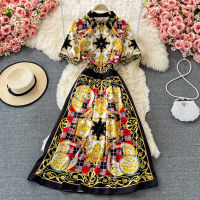 Runway Dresses 2021 Women High Quality Shirt Dress Vintage Printed Short Sleeve Slim Midi Dress Holiday Vacation Vestidos N68045