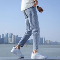 ✖◙ 2023 summer light-colored jeans mens loose nine-point casual elastic slim-fit nine-point long trousers tide brand mens models