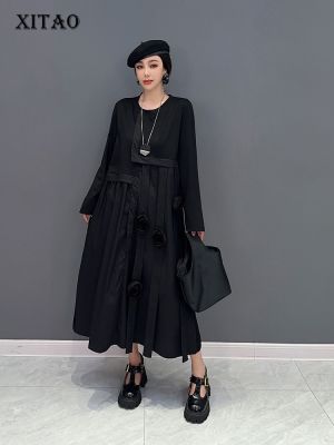 XITAO Dress Fashion Women Full Sleeve Pleated Floral Black Shirt Dress