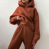 Womens Tracksuit Casual Fleece Two Piece Sets Oversized Hooded Long Sleeve Female Hoodie Suit Winter Sport Pants Ladies Set