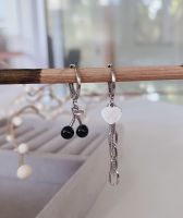 goodgift_station-Hoop Silver ornaments tassel cherry earrings ต่างหูเงิน s925 ต่างหูห่วงกลมแบบล็อคพู่เชอร์รี่ และโซ่ยาวประดับหัวใจ 2 ข้างไม่เหมือนกัน