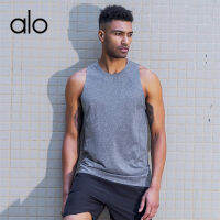 alo yoga เสื้อผ้าแห้งเร็วชุดเทรนนิ่งผู้ชายเสื้อวิ่งกลางแจ้งเสื้อแขนกุดหลวมระบายอากาศกีฬาฟิตเนส