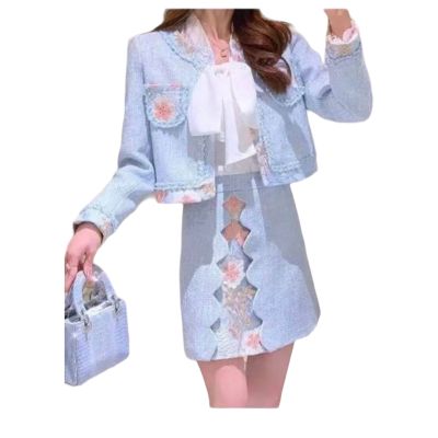 P010-096 PIMNADACLOSET - Long Sleeve Tweed Blouse Embroidery Mesh Skirt set