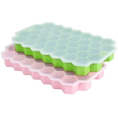 2 Ice Trays, Silica Gel Ice Molds, with Sealing Covers, Ice Trays for Refrigerators, Reusable(Green+Pink Group)