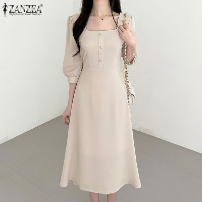(สินค้ามาใหม่)(จัดส่งฟรี)Fancystyle ZANZEA ชุดซันเดรสทรงเอเสื้อเดรสซิปหลังสไตล์เกาหลีของผู้หญิงชุดแขนพัฟคอเหลี่ยม #11
