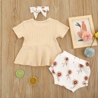 Newborn Knitted Casual 3pcs Suit Solid Short Sleeve Ruffles T-shirt Flower Print Shorts Headband  Infant Baby Boys Girls Clothes  by Hs2023