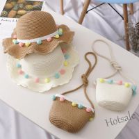 【hot sale】▥❍ C05 ✨ Kimi ๑ Girls Fashion Children Korean Trendy Straw Handwoven Hat Sun Protection Beach Hats Colorful Pompom Ball Bucket Cap Casual All-match Cute Sweet Sunscreen Beach Sun Hat And Bag