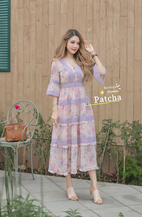 maxidress-สไตล์-วินเทจ-s-xl-เดรสลูกไม้-เดรสลายดอก-เดรสสีชมพู-ชุดเพื่อนเจ้าสาว-ชุดไปทะเล-ชุดออกงาน-ชุดไปงาน-งานป้าย-patcha