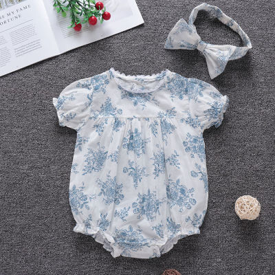 เสื้อผ้าเด็ก Baby Girls Clothes Floral Short Sleeve Romper Infant Jumpsuit+headband 2pcs