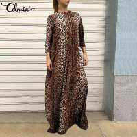 Celmia 2022 Autumn Women Sexy Leopard Print Dress Sexy Long Maxi Sundress 34 Sleeve Vintage Loose Party Kaftan Casual Vestidos