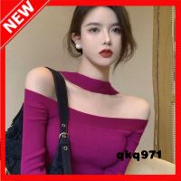 qkq971 Halterneck Top WomenS Autumn And Winter Underwear Tight-Fitting Leggings Design Sense Long Sleeved Sweater Babes One-Shoulder Knit Trend